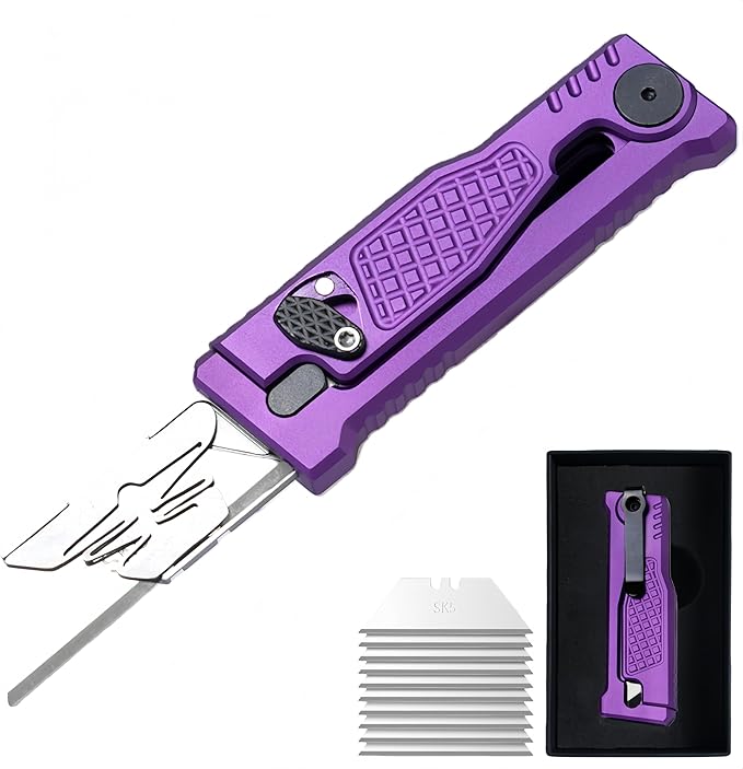 5.8" Aluminium Utility Knife, EDC Box Cutter with Clip, CNC Unibody, Lightweight All Metal Folding Box Cutter, Ideal Gifts for Men Women, with 10 Extra Blades（Purple）