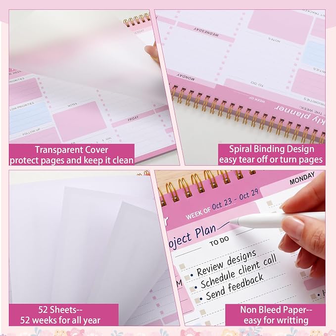 Thboxes Weekly Desk Planner, 52 Sheets, 8.5x11 In To Do List Notepad, Pink | Productivity Organizer, Work from Home Essentials, Undated Tear Off Pages, Office, College, School, Student and Teacher Gifts