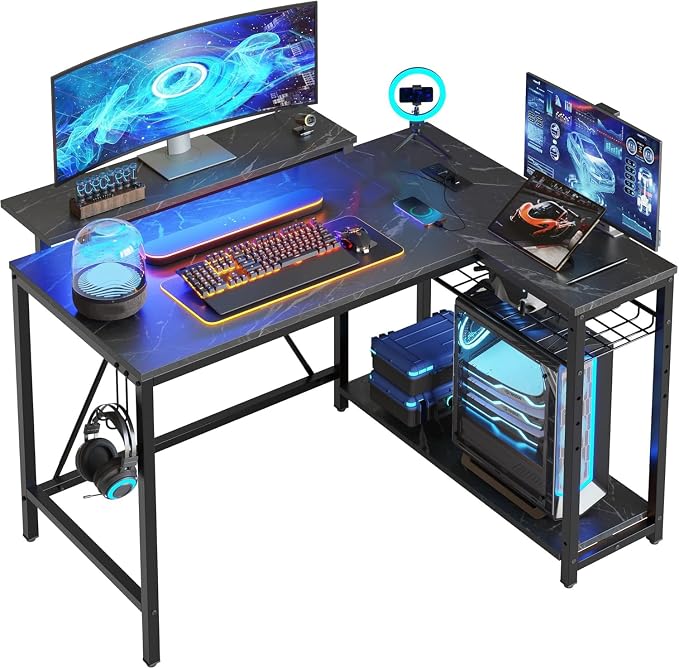 Bestier 42-Inch L-Shaped Gaming Desk with Charging & LED, Marble Black | Charging 2AC+USB+Type-C, RGB LED 7 Colors/20 Modes, Reversible Shelves, 3D Carbon Fiber, Headphone Hook, Small Space