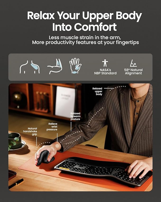 ProtoArc EM11 NL Wireless Ergonomic Vertical Mouse, Rechargeable, Black | 58° vertical design supports a natural wrist posture, connect 3 devices via Bluetooth/2.4G USB-A, 500mAh USB-C rechargeable.