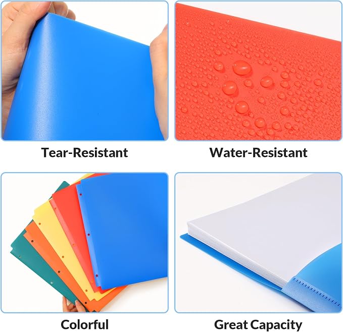 GNL Plastic Folders with Pockets 3 Hole Punched, Pack of 5, 2 Pocket Folders for 3 Ring Binder，Colored Heavy Duty Binder Folder for School, Home and Office