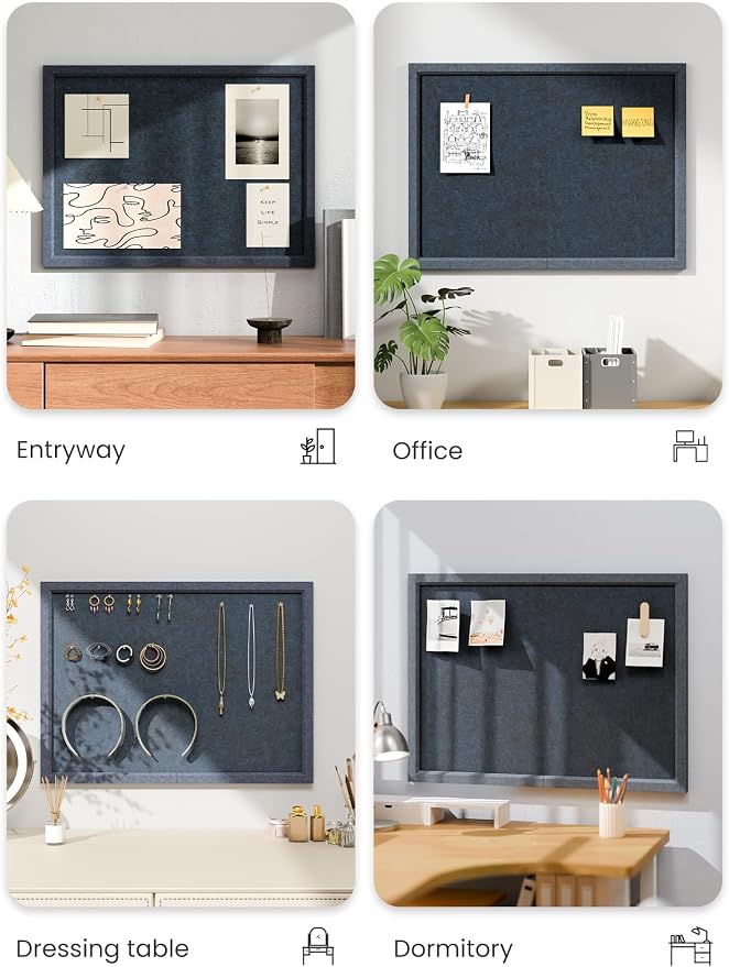 Fluxynara 23.6" x 17.1" Felt Frame Bulletin Board, Carbon Blue | Cork Board Alternative with 12 Removable Adhesive Tabs, Foldable Pin Board for Wall, Home, Office, Classroom & Dorm