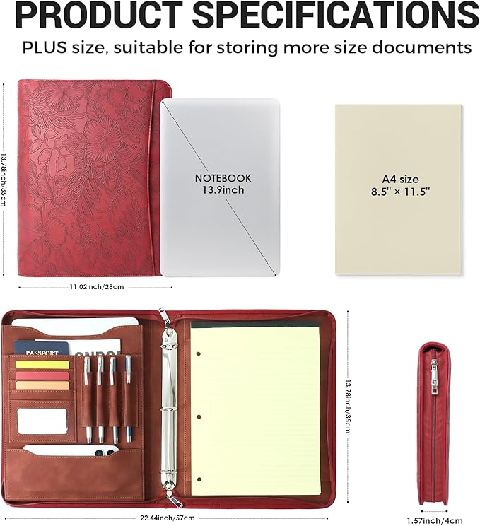 Western Embossed Faux Leather Zippered Padfolio with 3 Ring Binder, Executive Portfolio Organizer Binder for Women, Fits 13.9" Laptop/Tablet, Refillable Writing Pad Pocket, Red