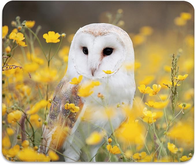 White Barn Owl Spring Yellow Wildflowers Mouse Pad, Cute Durable Desk Mat | Meadow Soft Floral Wildlife, Mousepad Stitched, Anti-Slip Base Smooth Surface, 9.5 x 7.9 Inches