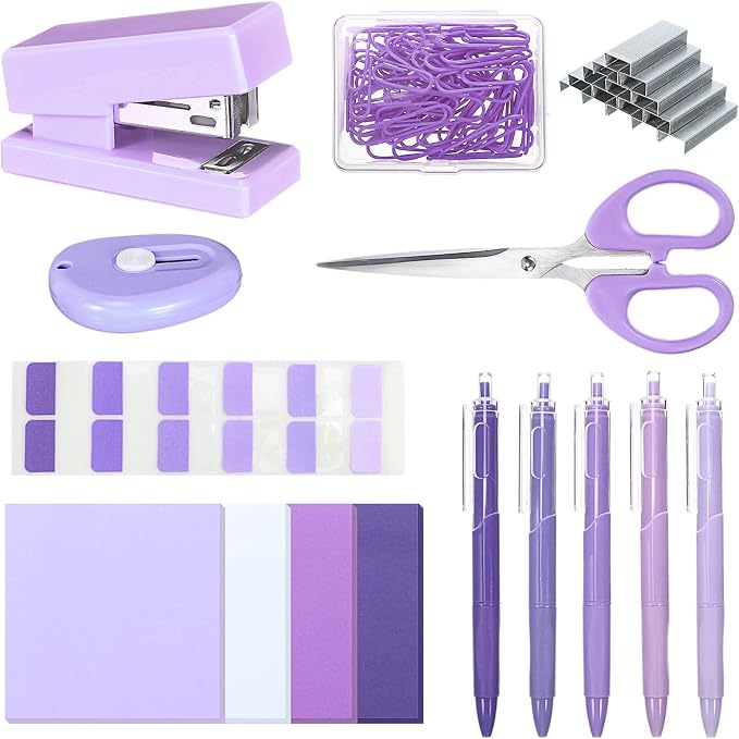 Mini Purple Office Supplies Kit Purple School Supplies Christmas Gift Desk Accessories with Gel Pens Sticky Notes Stapler Scissor Paper Clips Index Tabs Box Cutter for Christmas Gifts Office