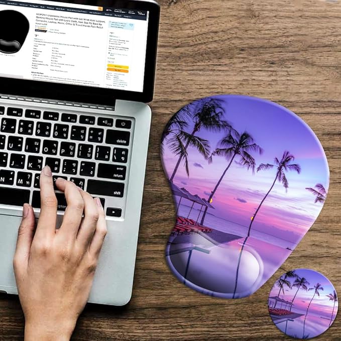HOPONY Ergonomic Mouse Pad with Wrist Support Gel Mouse Pad with Wrist Rest, Comfortable Computer Pad for Laptop, Pain Relief Mousepad with Non-Slip Rubber Base, 9 x 10 in,Palms Beach
