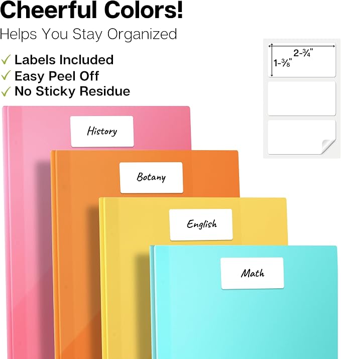Dunwell Pastel 2-Pocket 3-Prong Folders, Plastic, 6 Pack, Labels | Aesthetic Color-Coded School Folders, Durable Plastic, Back to School Supplies