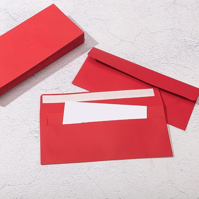 100 Pack Colored #10 Business Envelopes, 4.13 x 9.49 Inches, Red | Self Seal, Standard Envelopes, For Office Checks, Business Letter Mailing, Greeting Card
