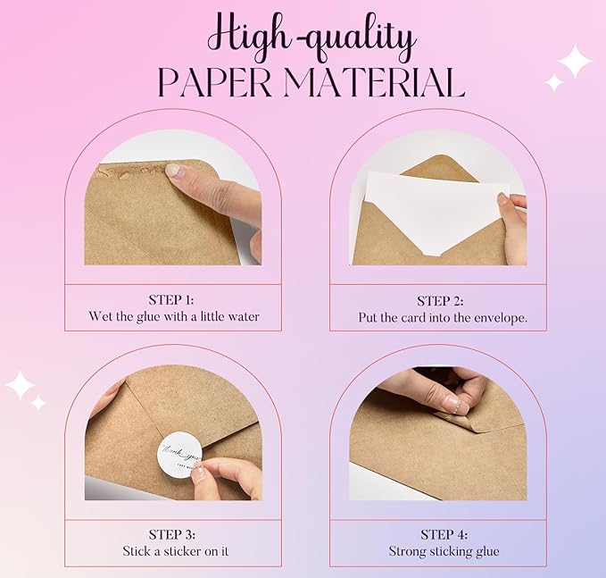 ACSTEP 100PACK Kraft 5X7 Envelopes,Brown A7 Envelopes Self Seal for Weddings, Invitations, Photos, Postcards, Greeting Cards Mailing,Baby Shower, Graduation With Thank You Stickers