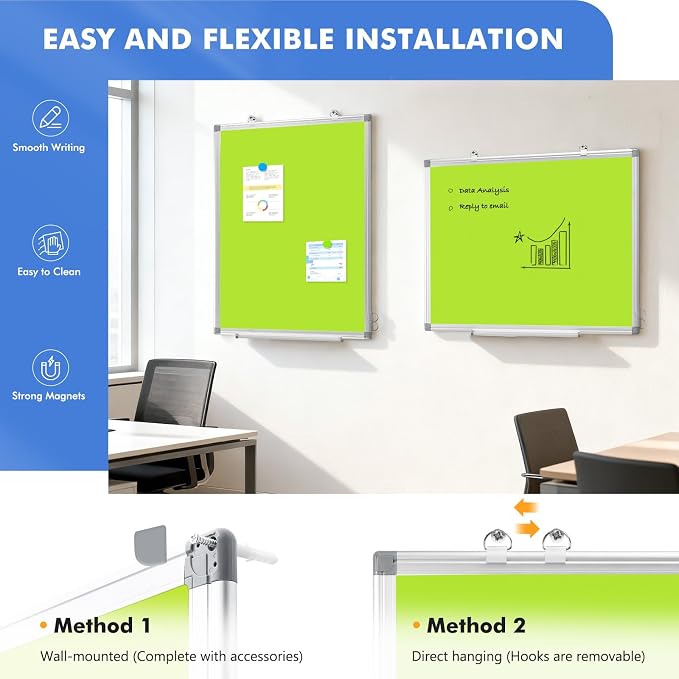 Double-Sided White Board Dry Erase Magnetic Whiteboard Wall 24x18 Green | Smooth Write & Clean, Durable 11-Layer, Aluminum Frame, Easy Wall Mount & Hanging, Full Kit for Home, Office, School