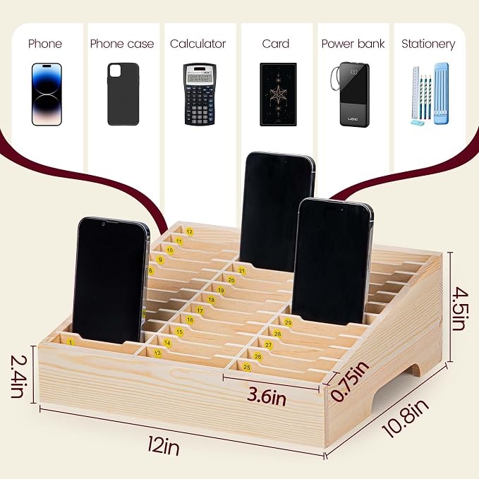 Classroom Cell Phone Holder, Fully Assembled 36 Grid Cellphone Storage Box for Student Management, Wooden Calculator Organizer Caddy for School Office