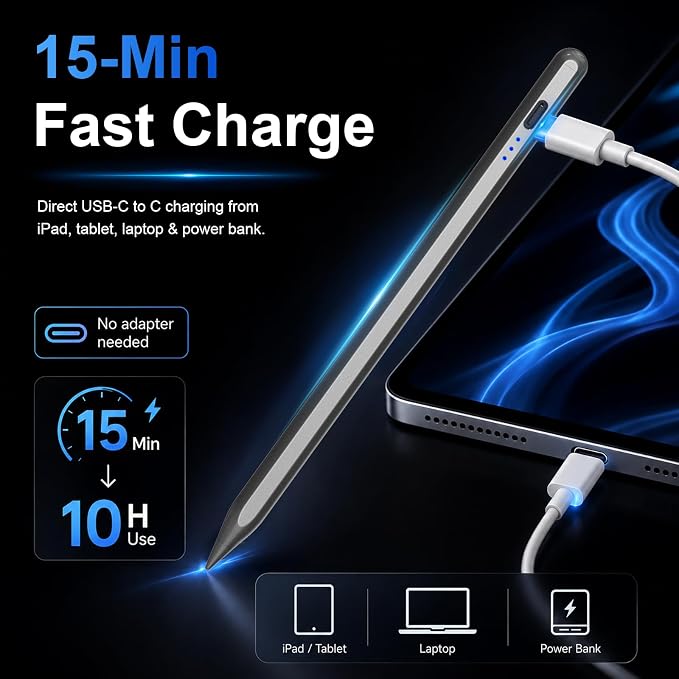 Stylus Pen for Apple iPad 2018-2026 for Note-Taking Drawing Black | 15Min Fast Charge iPad Pencil with High Precision, Tilt Sensitivity, Palm Rejection on iPad 6-11/Air/Pro/Mini, No Pairing