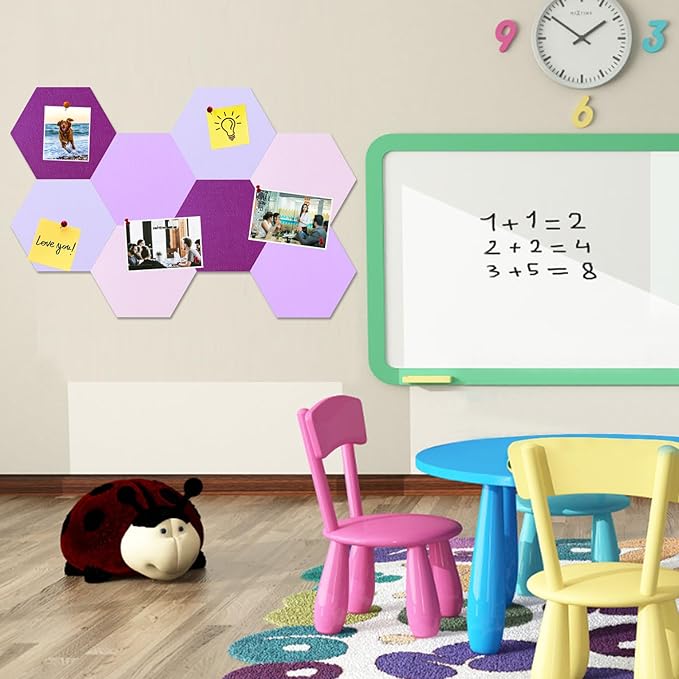 Large Hexagon Felt Cork Board Tiles, Self Adhesive DIY Felt Bulletin Board Pin Board with 35 Pushpins for Office School Home Wall Decor Stickers Memos Photos Display(Purple+Pink)