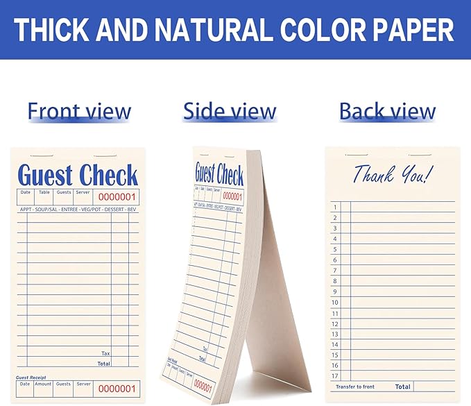 Guest Checks Books for Servers, Server Note Pads, 12 Pack, Natural Color Paper, Waitress Notepad for Restaurants, Waitress Accessories, 600 Sheets, Blue