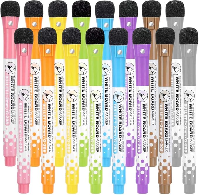 YES4QUALITY Dry Erase Markers for Whiteboard with Magnetic Eraser Caps, Ultra-Fine Tip (2mm), Low-Odor Assorted Colors, 16-Pack for Office, Planning & Home Use