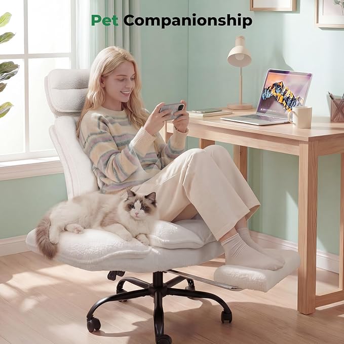 Criss Cross Office Chair with Armrests & Wheels, Comfy Velvet Vanity Chair, Ergonomic Executive Gaming Computer Chairs with Foot Rest, Wide Seat Reclining Desk Chair, White