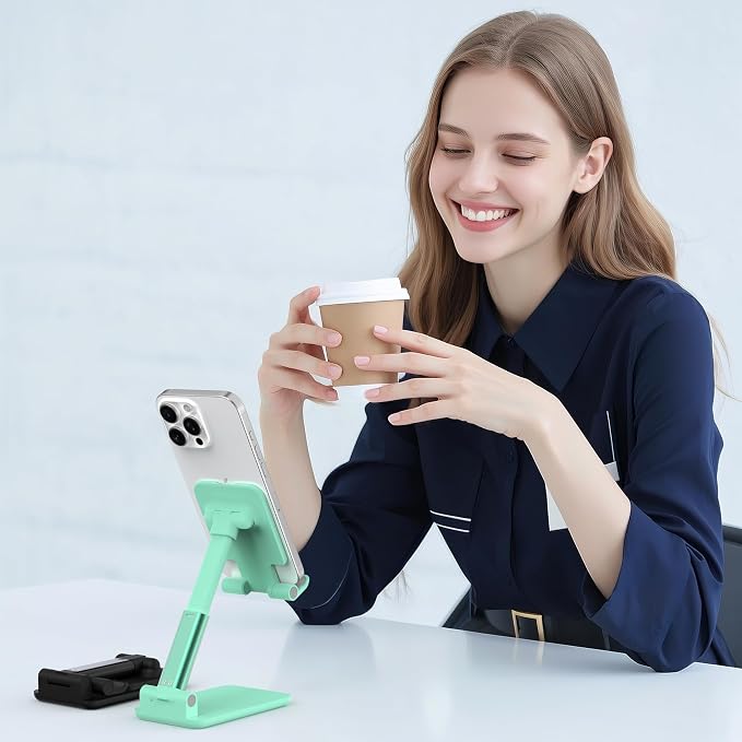 2 Pack Cell Phone Stand for Desk, Adjustable Angle & Height, Foldable Portable Phone Holder with Anti-Slip Silicone Pad, Compatible with iPhone 17/16/15/14/Smartphones 4–8 Inch, Black&Green
