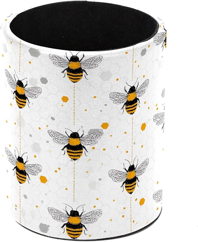 Leather Pen Holder for Desk, Bees Pencil Cup Pen Organizer Makeup Brush Holder for Office Home Kids Countertop Desk Accessory Storage
