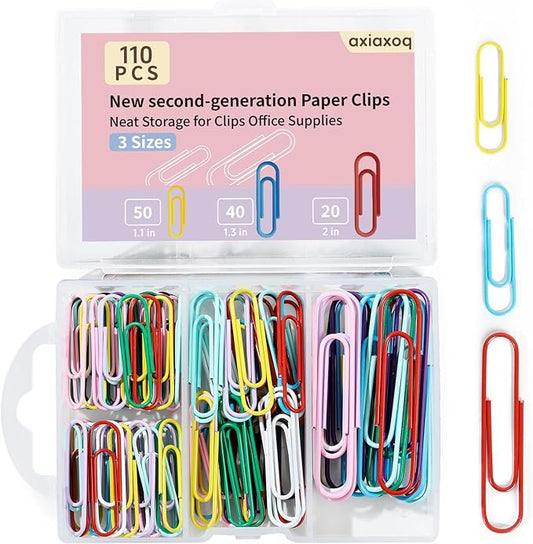 Paper Clips, 110Pcs Colored Paper Clip Assorted Sizes (2 inch & 1.3 inch,1.1 inch), Largr PaperClips, Small Medium Paper Clips for Office Supplies Document Organizing, Colorful and Heavy Duty