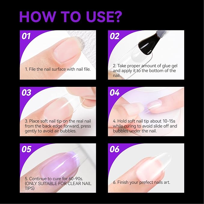 Gelike ec Short Almond Nail Tips: 240PCS Soft Gel Tips for Almond Shaped Full Cover Gel Nail Tips Pre Etched - PMMA Resin Clear False Nails 10 Sizes