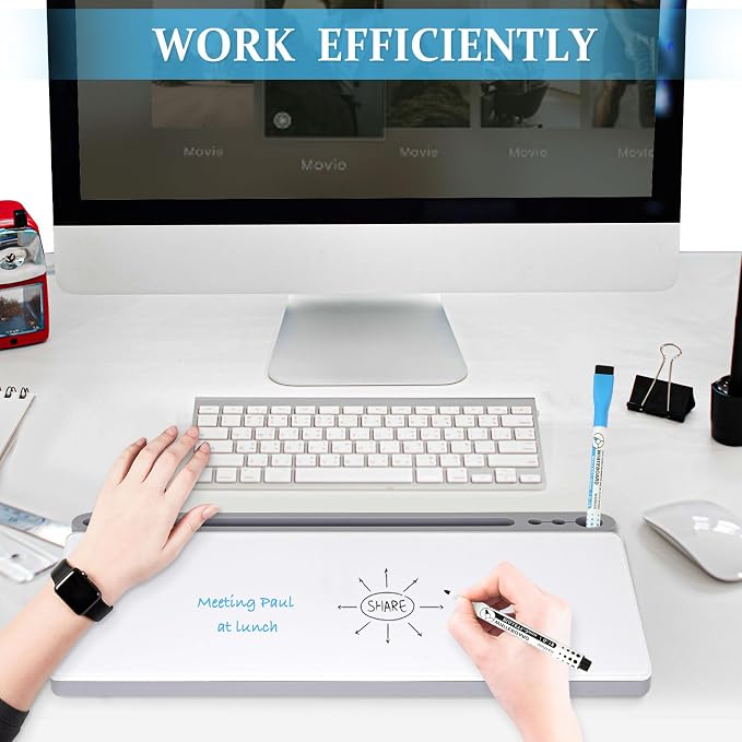 DOLLAR BOSS Glass Desk Whiteboard Small Dry Erase Board, Grey | Desktop White Board with Storage Drawer, Computer Keyboard Stand, Desk Organizer, Office Supplies, With Markers, Eraser