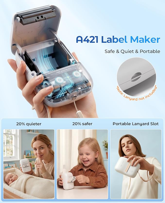 Label Maker Machine, A421 Bluetooth Label Portable Thermal Printer for Small Business & Home, Inkless Printer for Barcode, Address, Office, Compatible with iOS & Android, with 3 Label | for Small Business & Home, Inkless Printer for Barcode, Address, O...