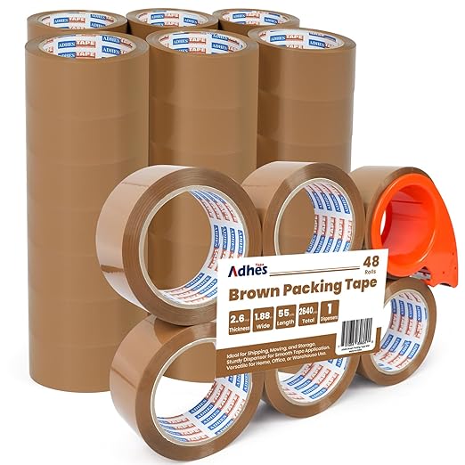 ADHES Brown Packing Tape with Dispenser, 1.88 Inch x 55 Yards, 48 Rolls Heavy Duty Shipping Tape for Moving Boxes, Packaging and Storage, Strong Adhesive