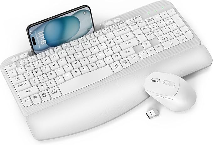Wireless Keyboard and Mouse Combo, Wave Keys Full-Sized Ergonomic Keyboard with Cushioned Plam Rest, Phone Holder, Comfortable Natural Typing, 2.4G Cordless Set for Computer, Laptop, Pc, Mac, Windows