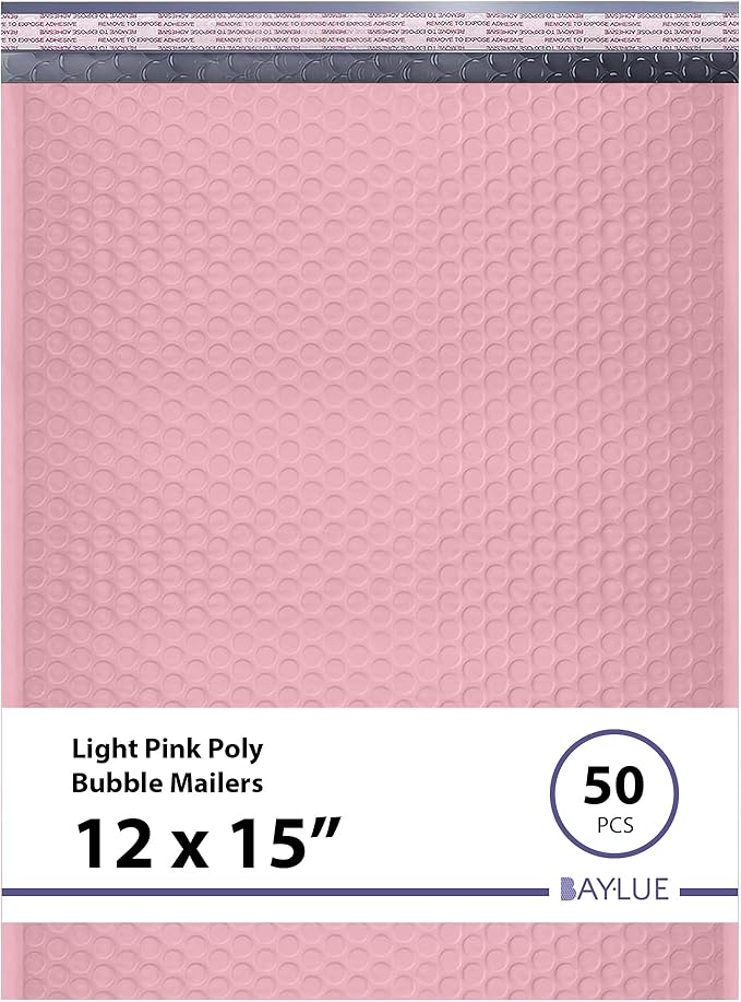Light Pink Large Poly Bubble Mailers 12x15 inch | Self Seal Padded Envelopes Cushioned Bubble Mailer | Usable Size 12x15 | WaterProof | Lightweight mailing Shipping Bags | 50 Pack Bulk