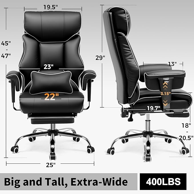 GTPLAYER Big and Tall Gaming Chair 400lbs Heavy Duty Office Chair with Foot Rest & Ergonomic Pocket Spring Cushion, High Back Lumbar Support for Lower Back Pain Relief, White/Black