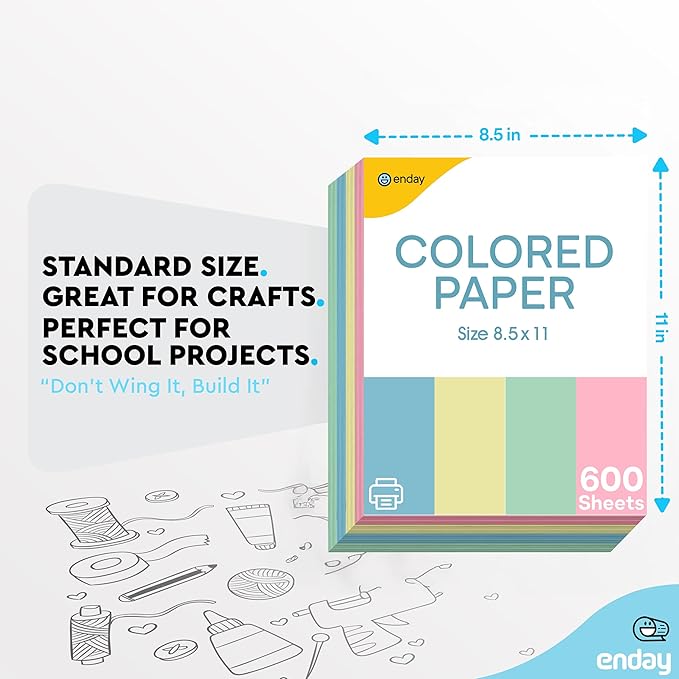 Colored Paper 8.5 x 11, Copy Paper (600 Pack) Letter Size Printer Paper, Assorted Colors, for Printer, Arts & Crafts, DIY Projects, Office & School - Pink, Blue, Yellow, Green - 150 Sheets Per Color
