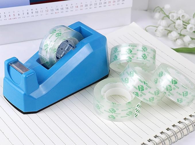 BOMEI PACK Tape Dispensers Desk, 1 Pack Blue with 6Rolls Transparent Tape Refills, 1 Inch Core, for Gift Wrapping, School, Office and Home