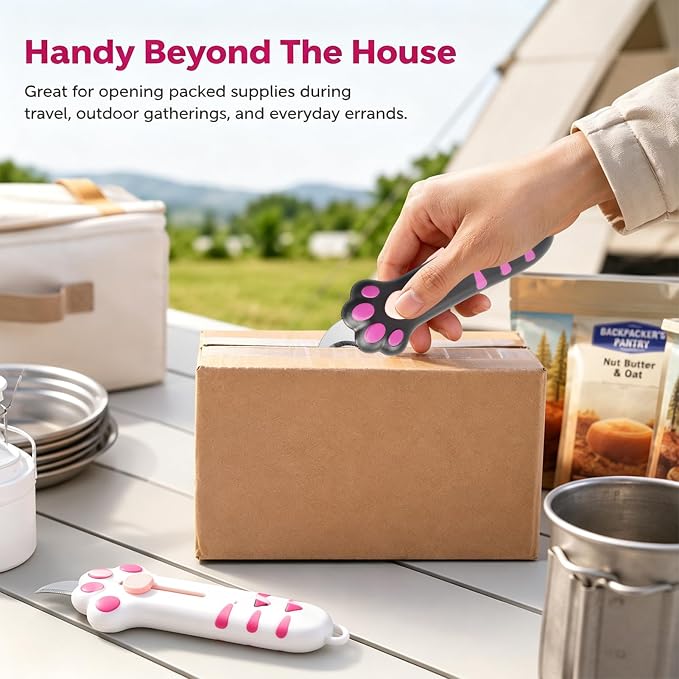2 PCS Cat Paw Box Cutter, Retractable Cat Claw Knife with Safety Lock, Cat Paper Cutter with Ergonomic Claw Handle, Stainless Steel Blade for Opening Packages, Cartons & Tape
