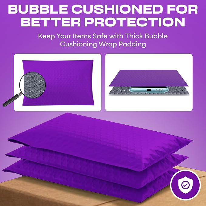 Purple Bubble Mailers 4x8, Self Seal Poly Padded Envelopes #000, 1000 Pack | Fits Trading & Sports Cards, No Tape Needed, Cushioned Protection, Water-Resistant Poly, Bulk Pack for Small Business