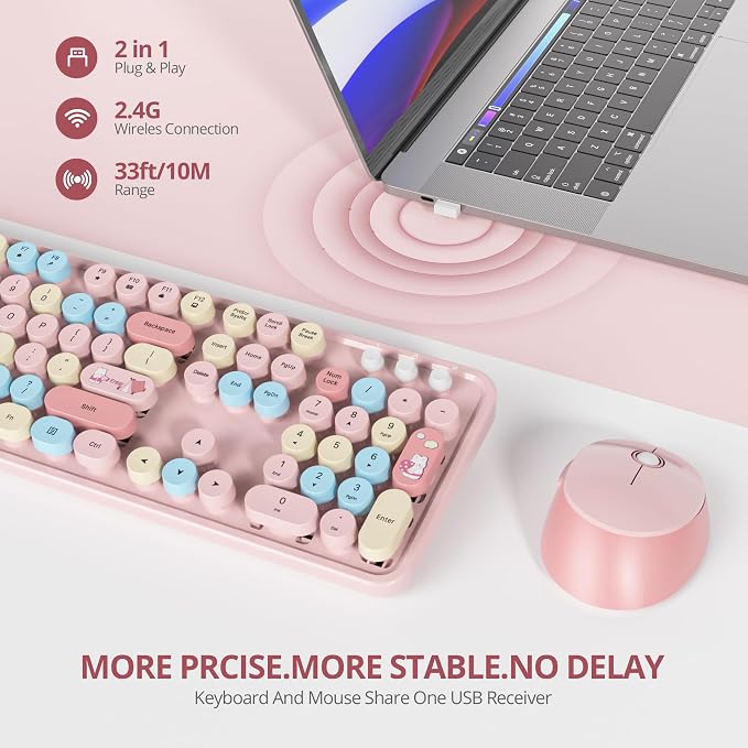 Wireless Keyboard Mouse,104 Keys Retro Typewriter Pink | 1600DPI Full Size With Number Pad & Mouse,Compatible With All Windows,Ideal For Computer, PC, Notebook, Laptop