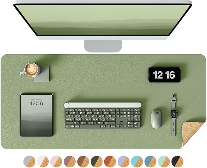 YSAGi Double-Sided Desk Pad, 35.4"x17"Leather Desk Mat, Eco Cork Desk Pad Protector,Large Mouse Pad,Waterproof Desk Blotter for Office/Home(Bamboo Green)