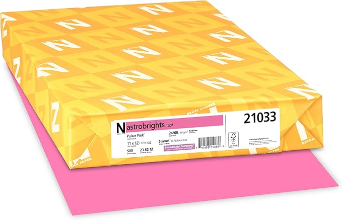 Neenah Astrobrights Color Paper, 11” x 17”, 24 lb/89 GSM, Pulsar Pink, 500 Sheets (21033)