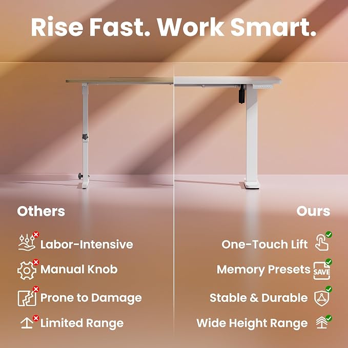 HUANUO 32x19 Inch Small Electric Standing Desk, Adjustable, White | 176 Lbs Capacity, Rounded Corners, Wheel-Ready Feet, Compact Desktop, Apartment Workspace, 28.3–46.5 Inch Height Range