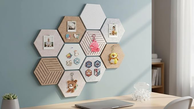 Large Felt Bulletin Cork Board Tiles for Office 15 x 13 inch, 10Pcs | Fully Self Adhesive Backing, 1300 g/m² High-Density Felt Hex Corkboards for Wall, Frameless, Peel & Stick, Modern, Decorative