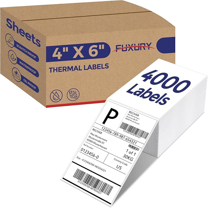Fuxury Thermal Labels 4x6 4000 Labels Fanfold Direct Shipping Label with Perforated and Strong Adhesive Mailing Stickers Paper Thermal Printer Sticker for Most Printer Shipping Supplies