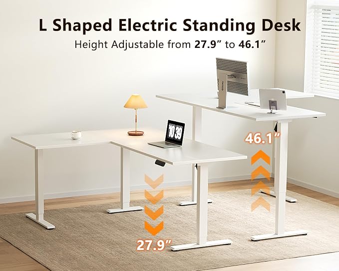 Casaottima 63 Inch L Shaped Electric Standing Desk, Home Office, White | Reversible Corner Desk with Height Adjustment, Ergonomic Sit Stand Table for Home Office, Computer Workstation