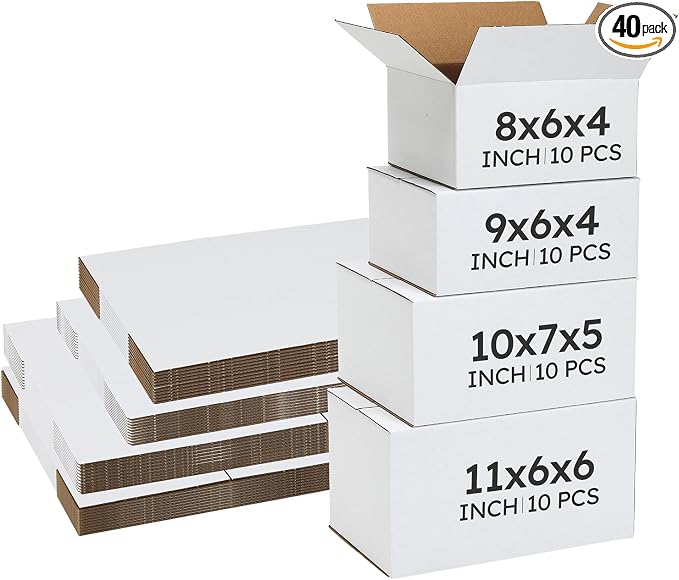 CRUGLA Assorted Sizes Shipping Boxes 40 Pack (11x6x6, 10x7x5, 9x6x4, 8x6x4), White Corrugated Cardboard Mailers, Each 10 PCS Small Boxes for Small Business Packaging, Shipping & Storage