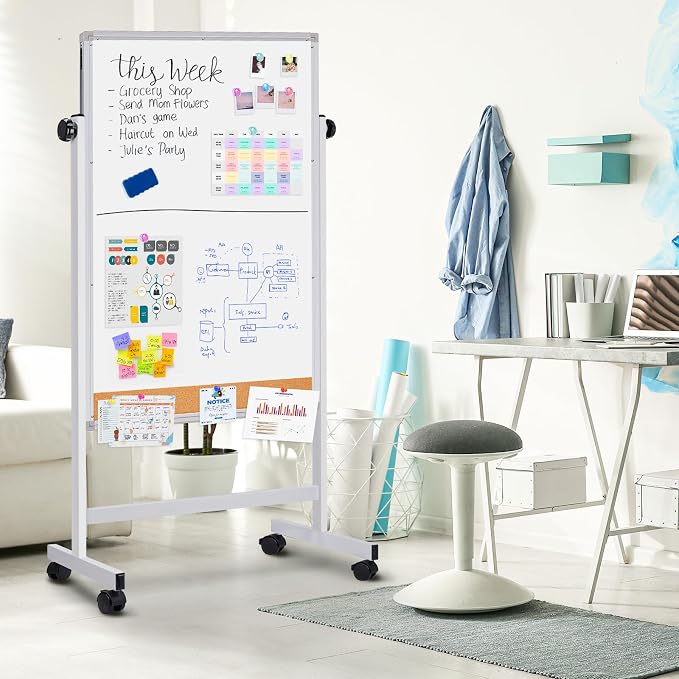 Maxtek Rolling White Board 48 x 24 in, Magnetic Cork Board Combo on Wheels | Mobile Easel Height Adjustable Magnetic Dry Erase and Cork Board Double-Sided with Stand for Classroom, Home, School, Office