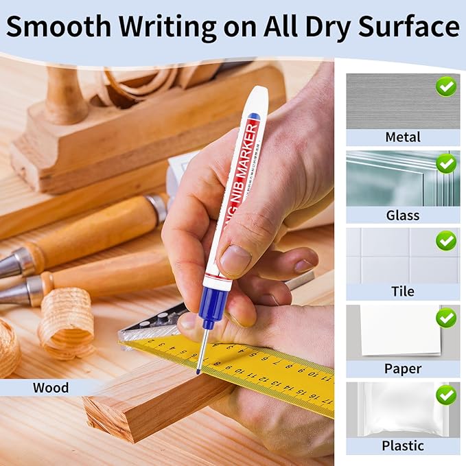 15 Pcs Long Nib Marker, 20 mm Long Head Deep Hole Marker Pens, Fine Nose Tip Deep Reach Permanent Paint Markers for Metal, Marking Pen for Drilling, Carpenter, Woodworking, Construction (Blue)