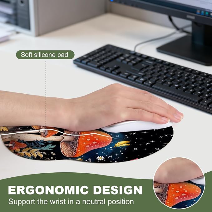 Red Mushrooms Mouse Pad with Gel Wrist Support, Smooth Surface Ergonomic Mouse pad, Non-Slip Pain Relief Desk Mat for Gaming, Work & Office Desktop