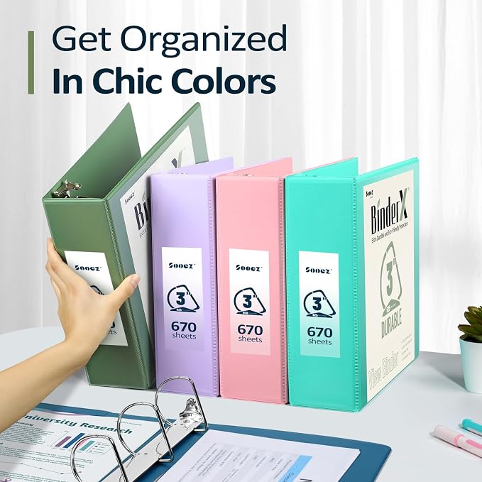 Sooez 3 Ring Binder 3 Inch, Large Binder with Pockets, Pink, Letter Size | Holds 670-Sheet of 8.5x11 Paper, Extra Durable, PVC-Free, Clear View Cover, Interior Pockets, Eco-Friendly, School, Office
