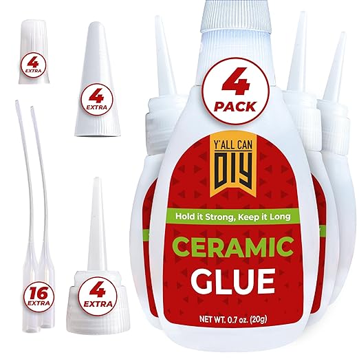 Y'allCanDiy Waterproof Super Glue for Ceramic 4 Pk x .7 Oz. (20g) - Ceramic Glue Repair for Pottery, No Smell After Cure. Best Cyanoacrylate Based Adhesive for China and Porcelain