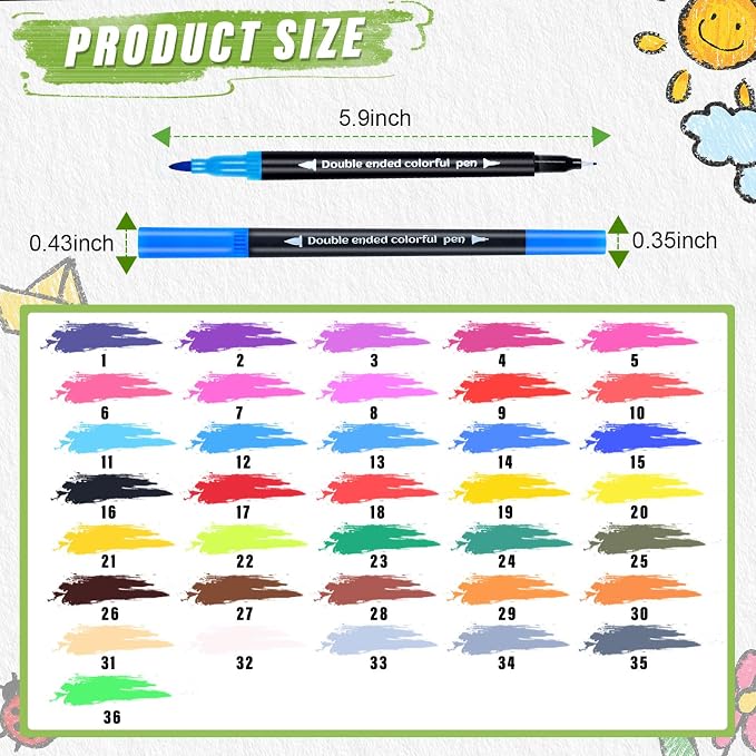 36 Colors Brush & Fine Dual Tip Art Markers Set for Adult Kids Coloring, Dual Tip Colored Pens Markers Quick Drying Without Fading ,Water Based Marker for Painting,Calligraphy, Doodling Journal