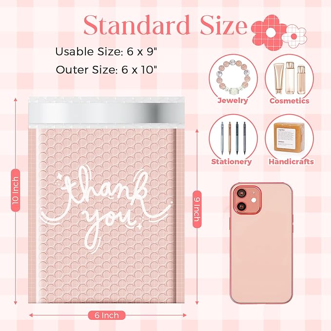 METRONIC Bubble Mailers 6x10 Inch 100 Pack Thank You Bubble Mailer Usable Size 6x9 Waterpoof Pretty Strong Adhesion Padded Envelopes for Small Business Shipping Clothes Small Items, Pink