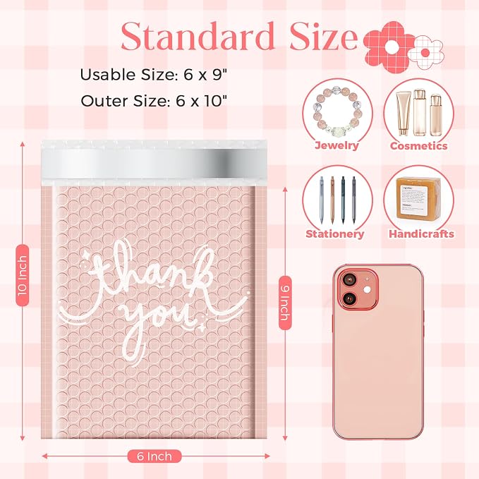 Metronic Bubble Mailers 6x10 Inch 100 Pack Thank You Padded Envelopes Pink | Usable Size 6x9 Cute Shipping Envelopes Waterproof Padded Mailers Self Seal Bubble Envelopes for Mailing Jewelry, Makeup